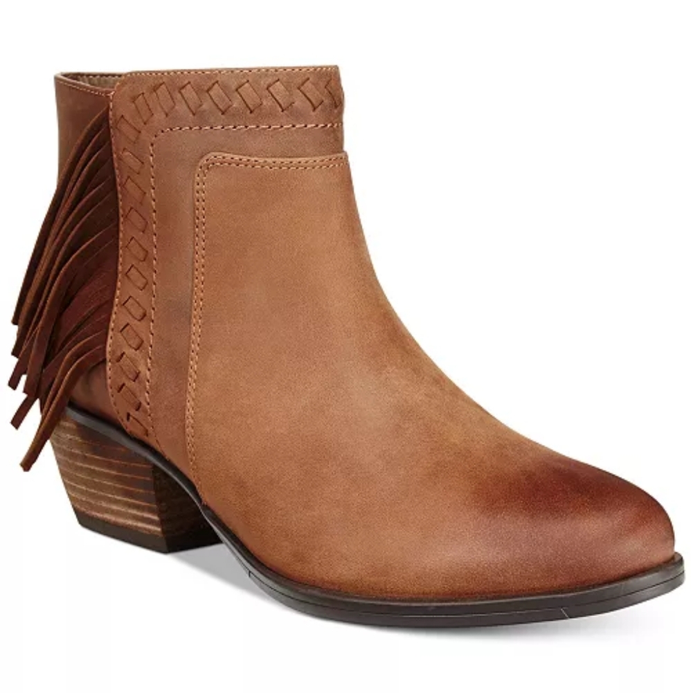 CLARKS Women's GELATA FLORA Fringe Leather Ankle Boots BROWN 9